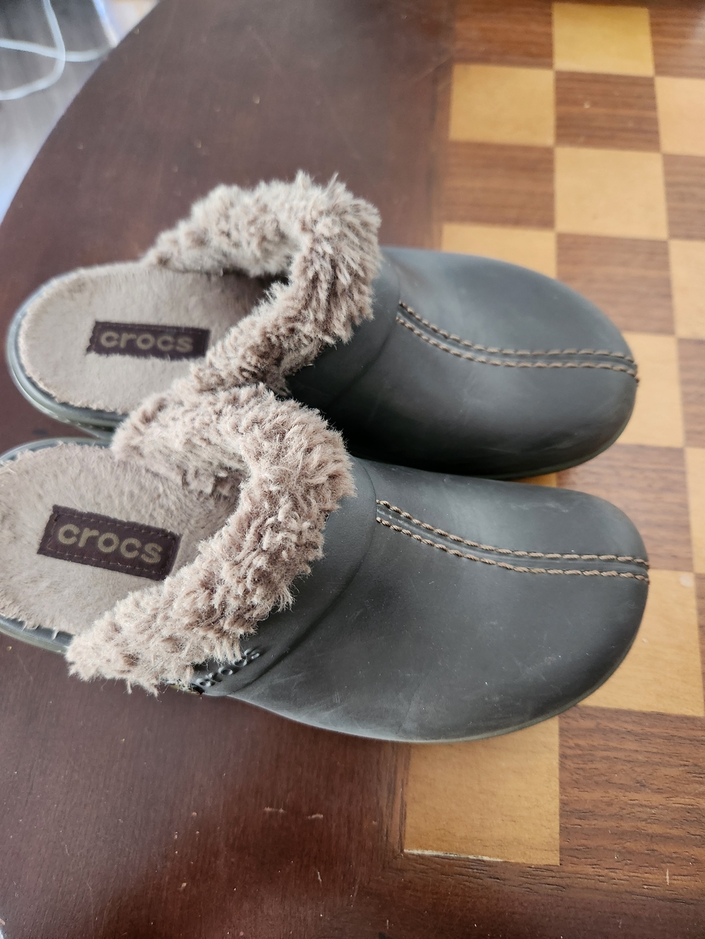 CROCS Fuzzy Lined Clog Boots in Gray Brown